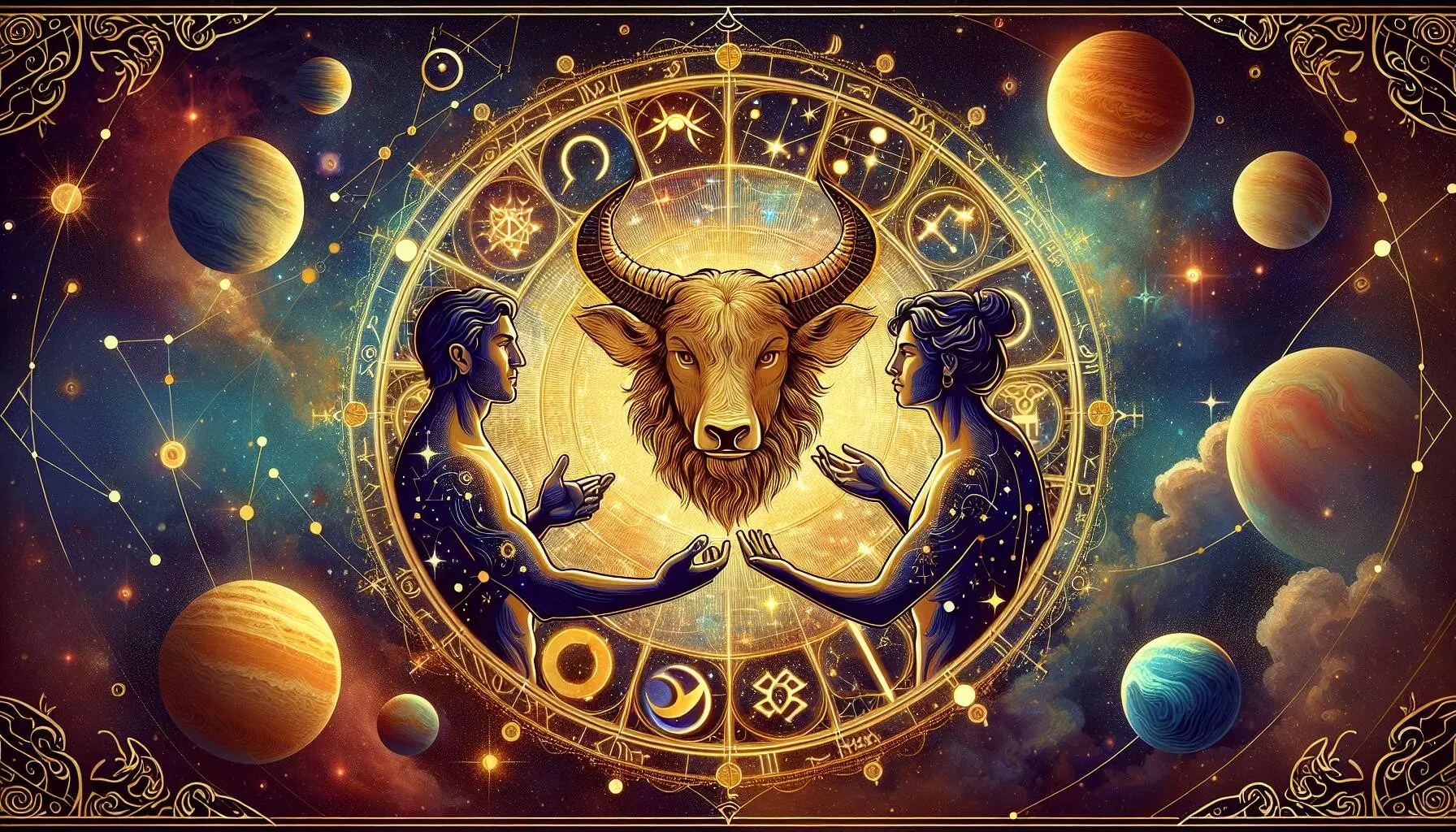 ♉Встреча, которой Тельцы боялись, все-таки состоится. Роковой поворот событий в ближайшие дни Иллюстрация с знаками зодиака и космосом